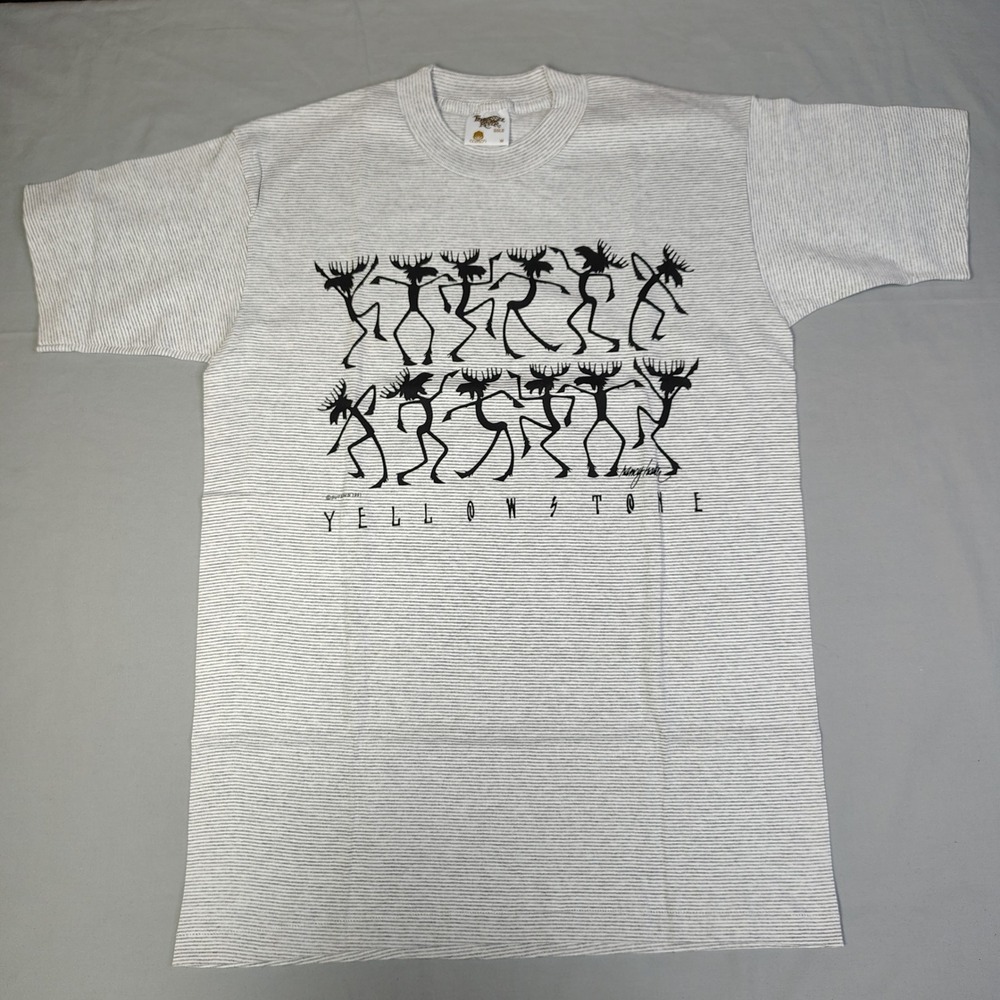 Vintage 1991 Yellowstone Dancing Moose T-Shirt Nancy Glazier Grey Striped M